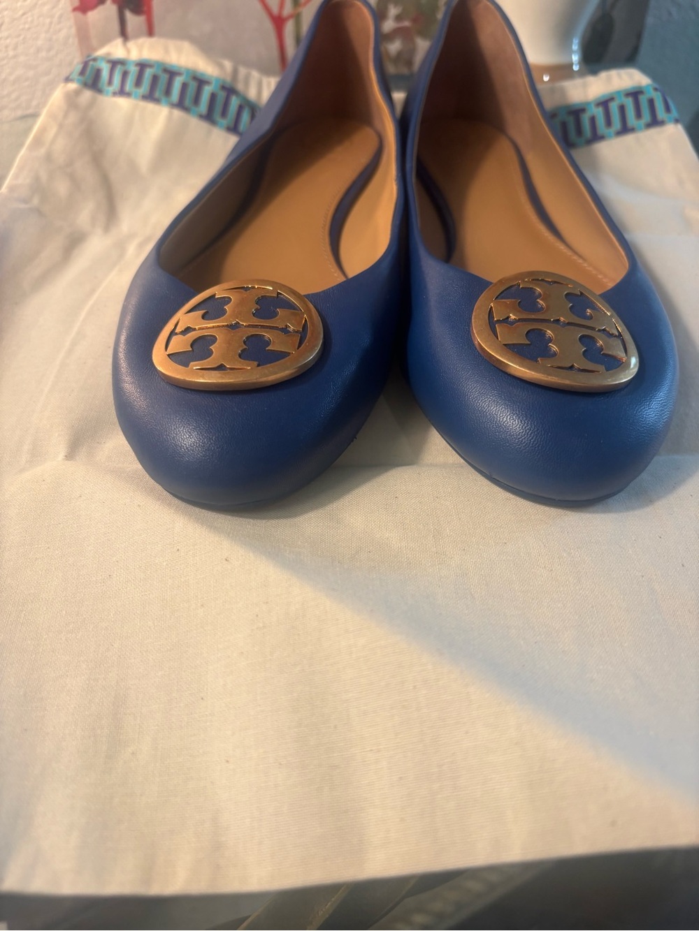 Tory Burch Royal Blue Leather Logo Flats with Gold Medallion
